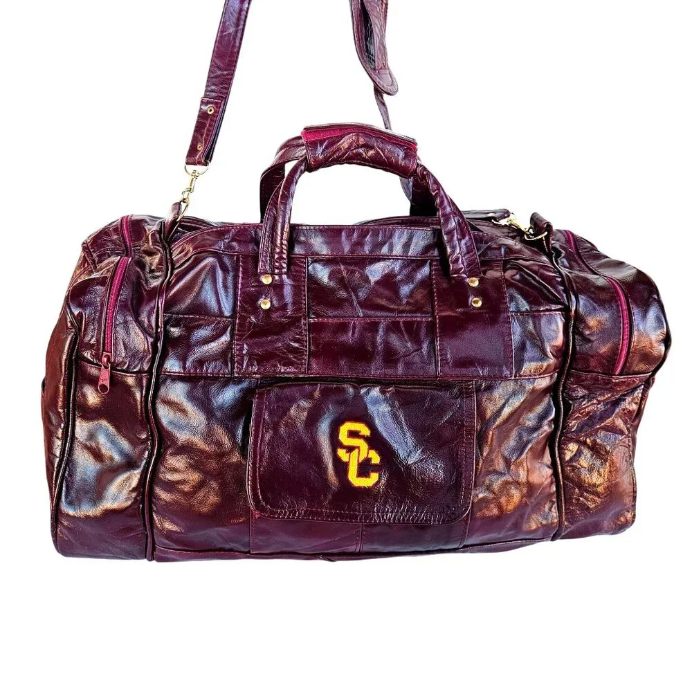 USC Trojans Vintage Patchwork Maroon Leather Duffel 22